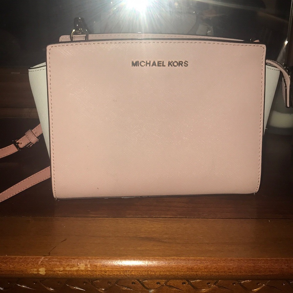 Michael Kors small pink and white satchel